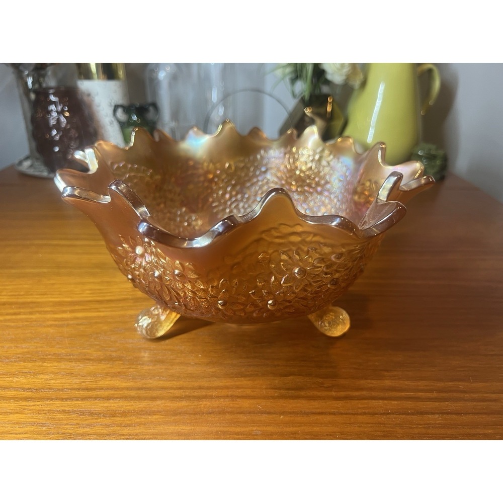 Vintage Fenton Amber Carnival Glass Iridescent Ruffled Rim Footed Bowl 10in